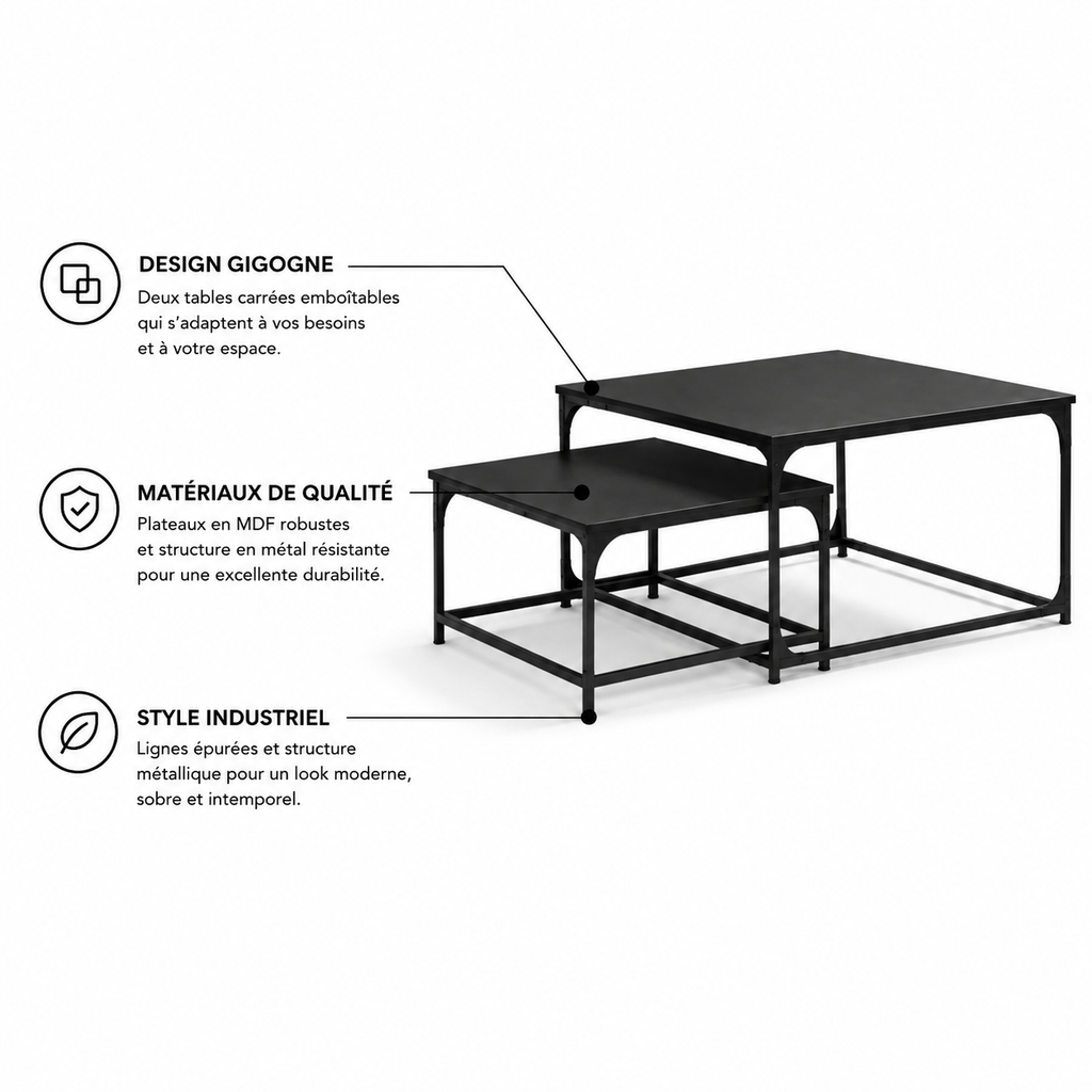 Table Basse Gigogne Carrée en Bois et Métal - Lot de 2