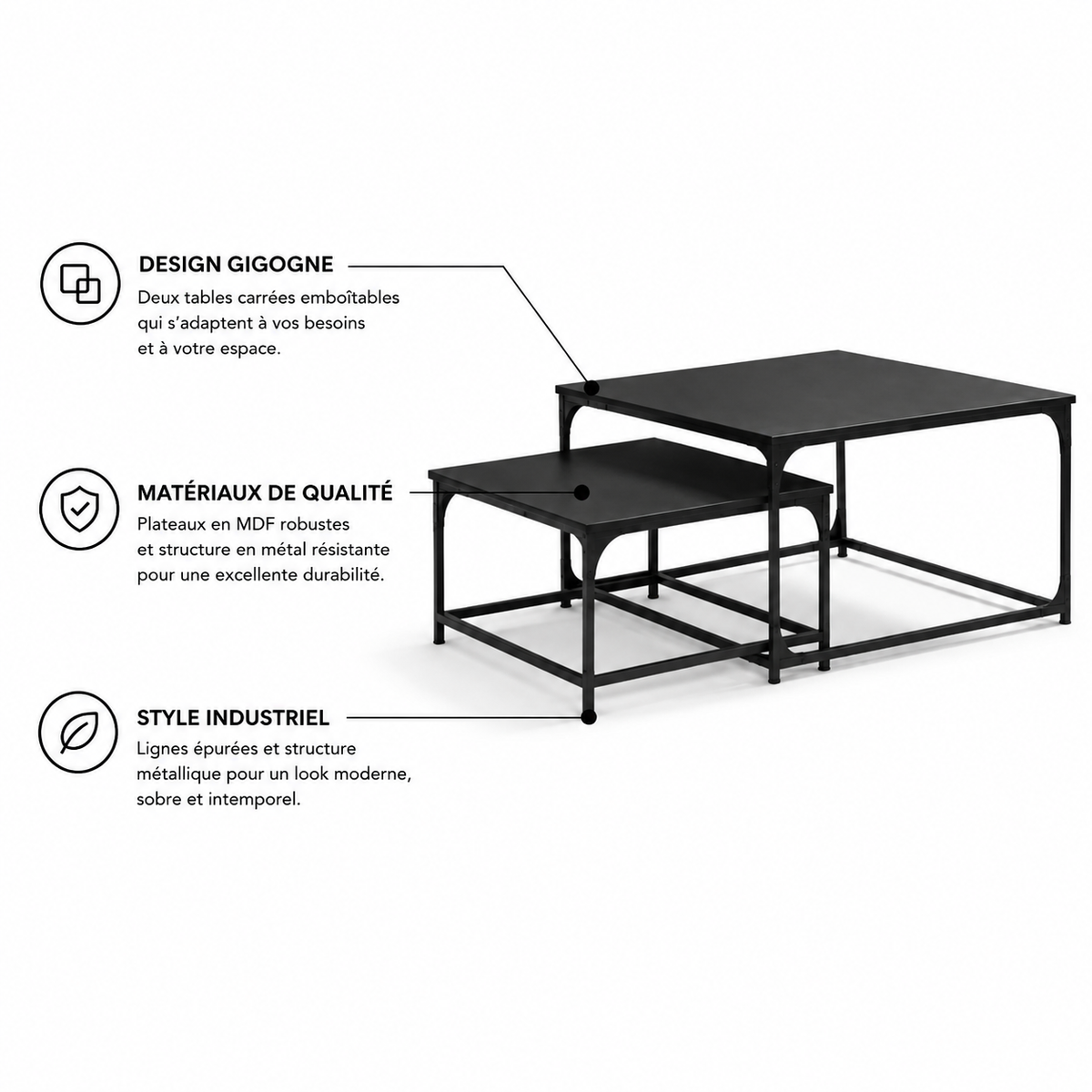 Table Basse Gigogne Carrée en Bois et Métal - Lot de 2