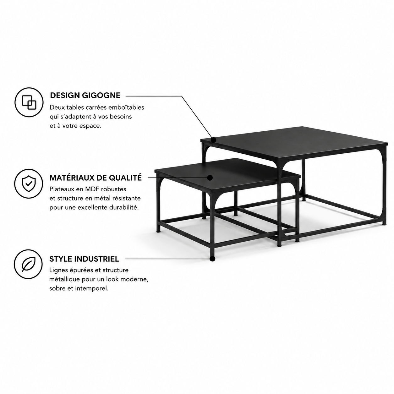 Table Basse Gigogne Carrée en Bois et Métal - Lot de 2