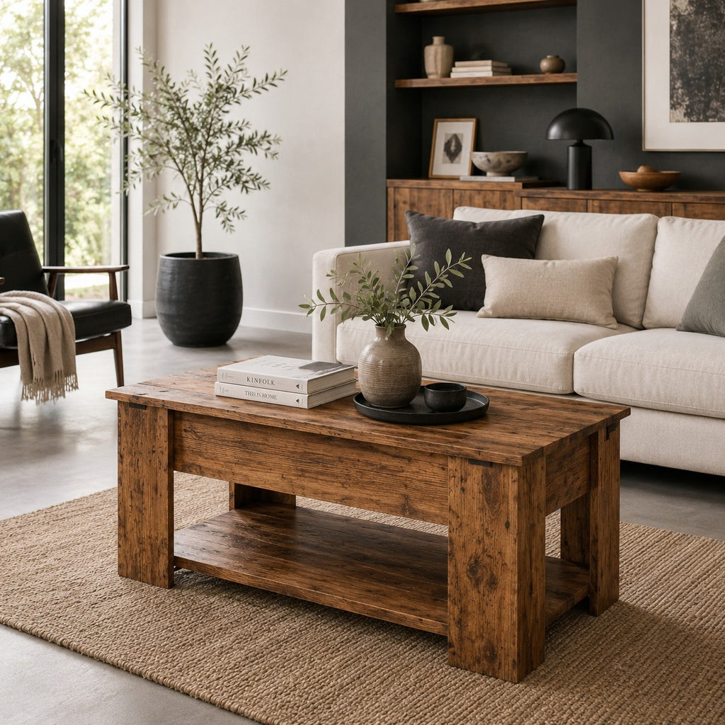 Table basse relevable finition vieux bois dans un salon, plateau fermé