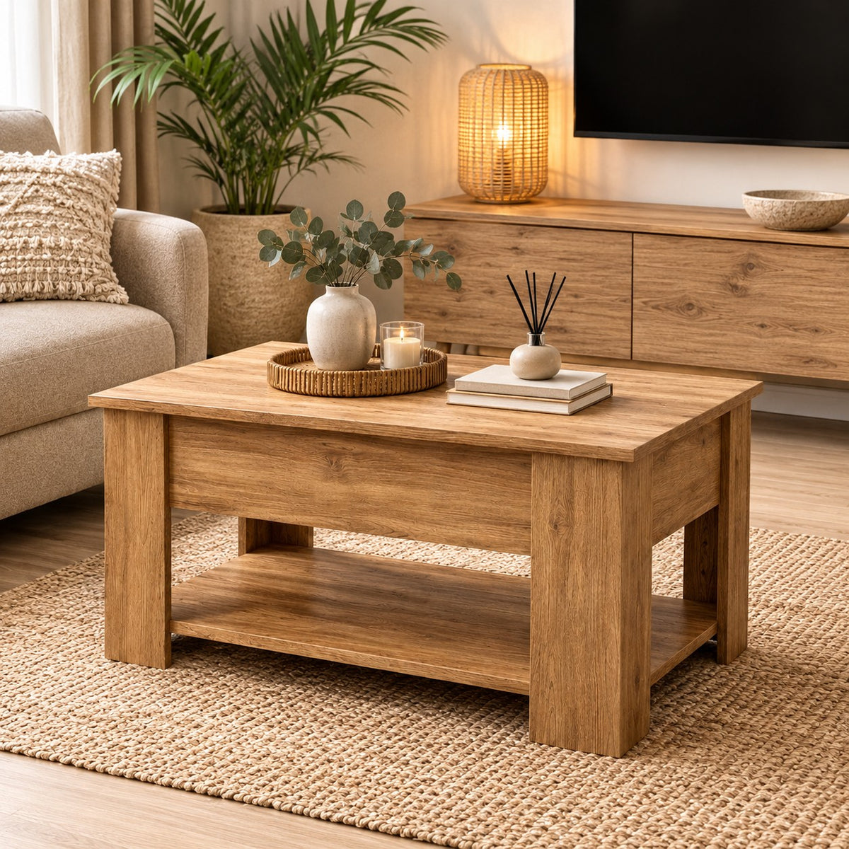 Table basse relevable chêne Sonoma dans un salon, plateau fermé