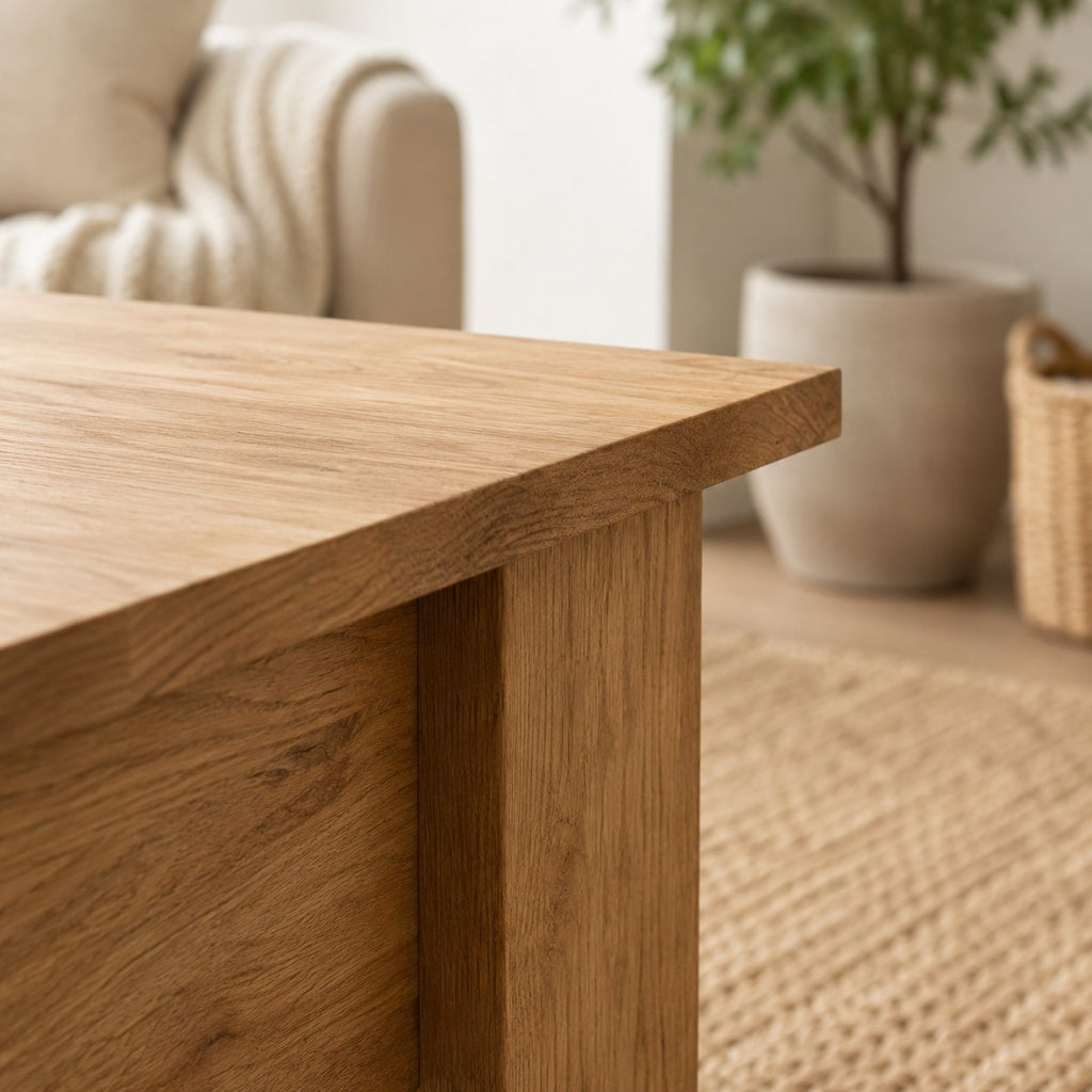 Gros plan sur le veinage du bois de la table basse relevable chêne Sonoma