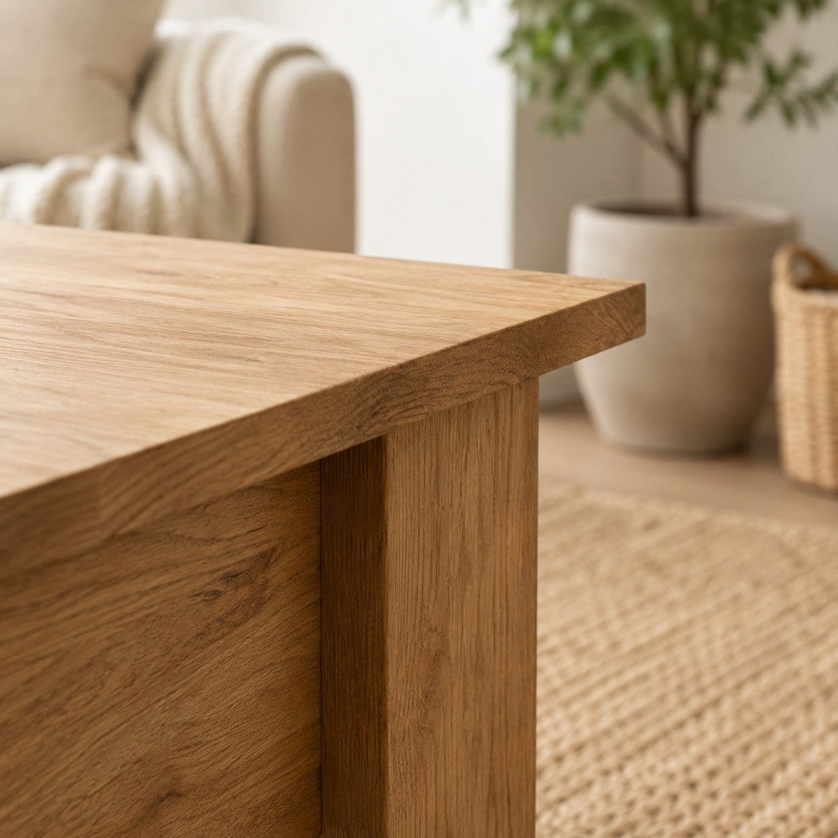 Gros plan sur le veinage du bois de la table basse relevable chêne Sonoma
