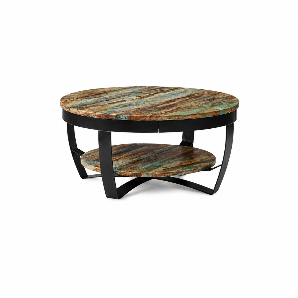 Table Basse Ronde en Manguier Massif avec Structure Métal