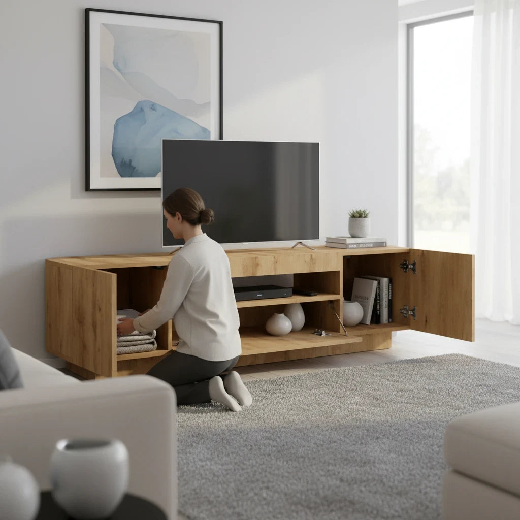 Meuble TV Chêne Artisanal avec Éclairage LED RGB 160 cm
