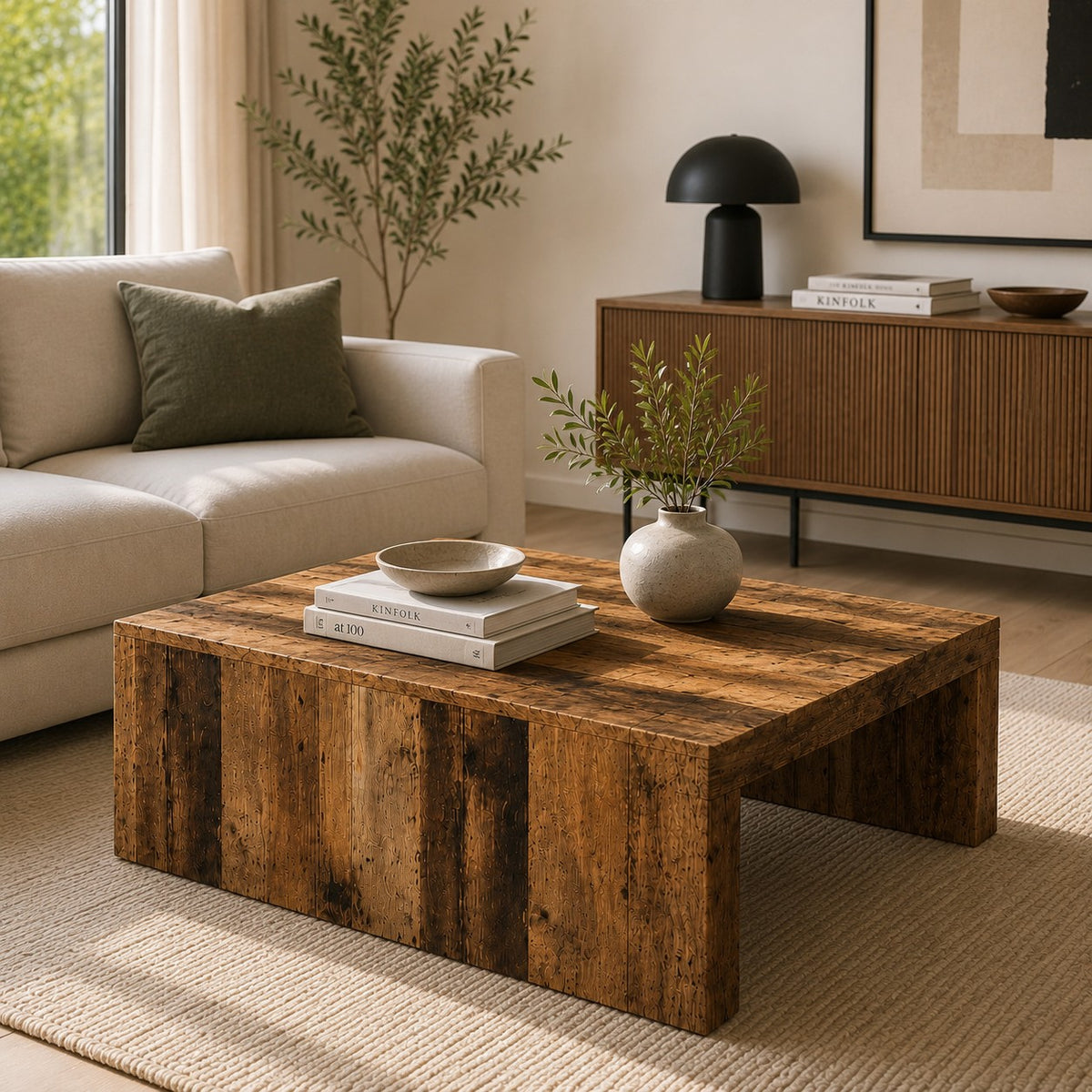 Table basse carrée 100 cm Bois Ancien - dans un salon