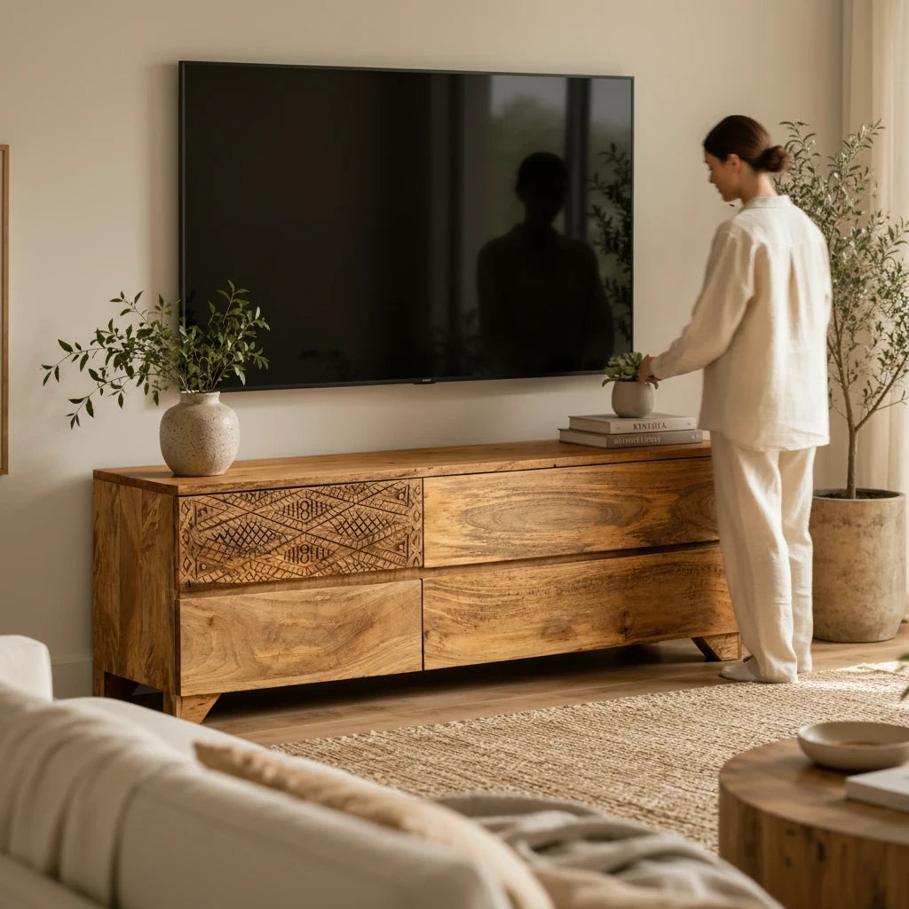 Meuble TV en Manguier Massif Blanchi Sculpté – 4 Tiroirs