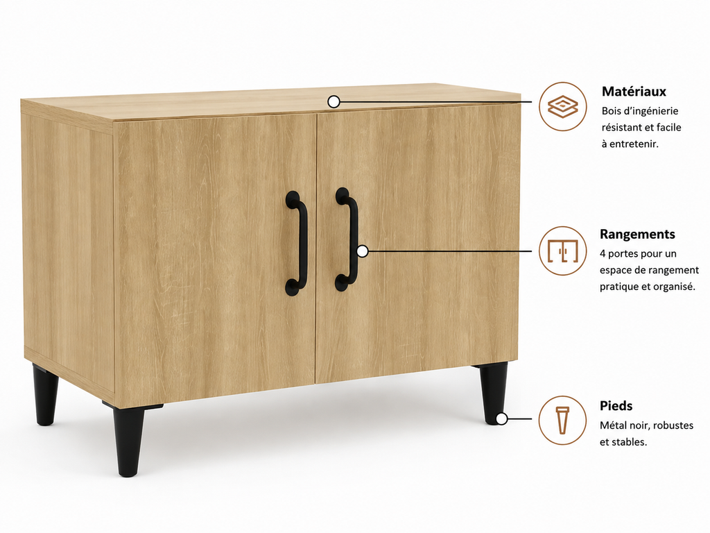 Meuble TV Scandinave Chêne Sonoma 4 Portes 180 cm