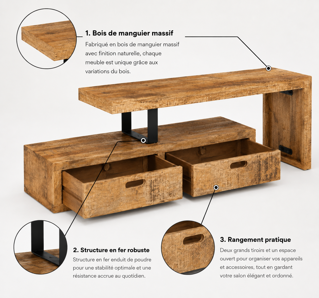 Meuble TV Extensible en Manguier Massif Modulable