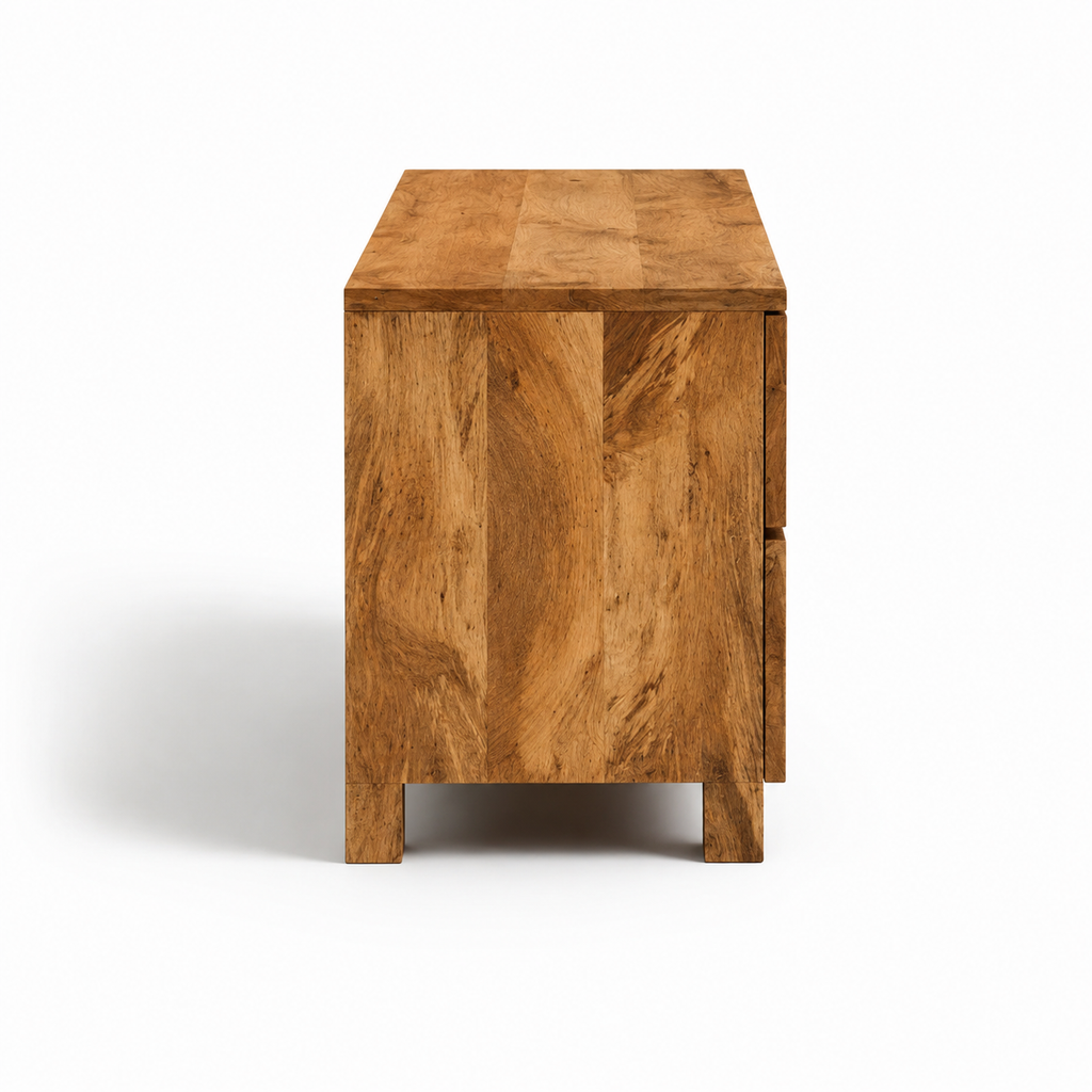 Meuble TV en Manguier Massif Blanchi Sculpté – 4 Tiroirs