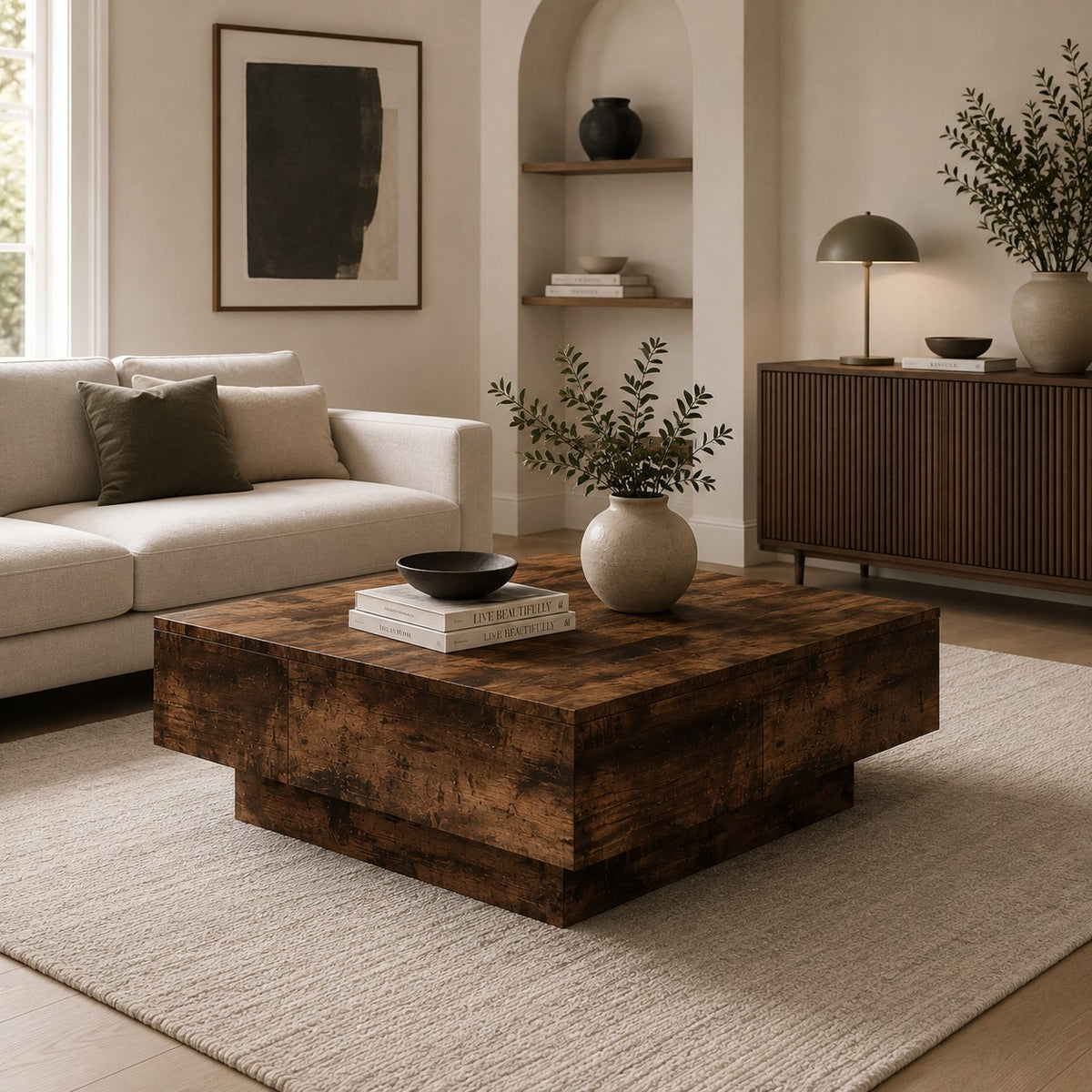 Table basse rectangulaire rangement Vieux Bois - dans un salon