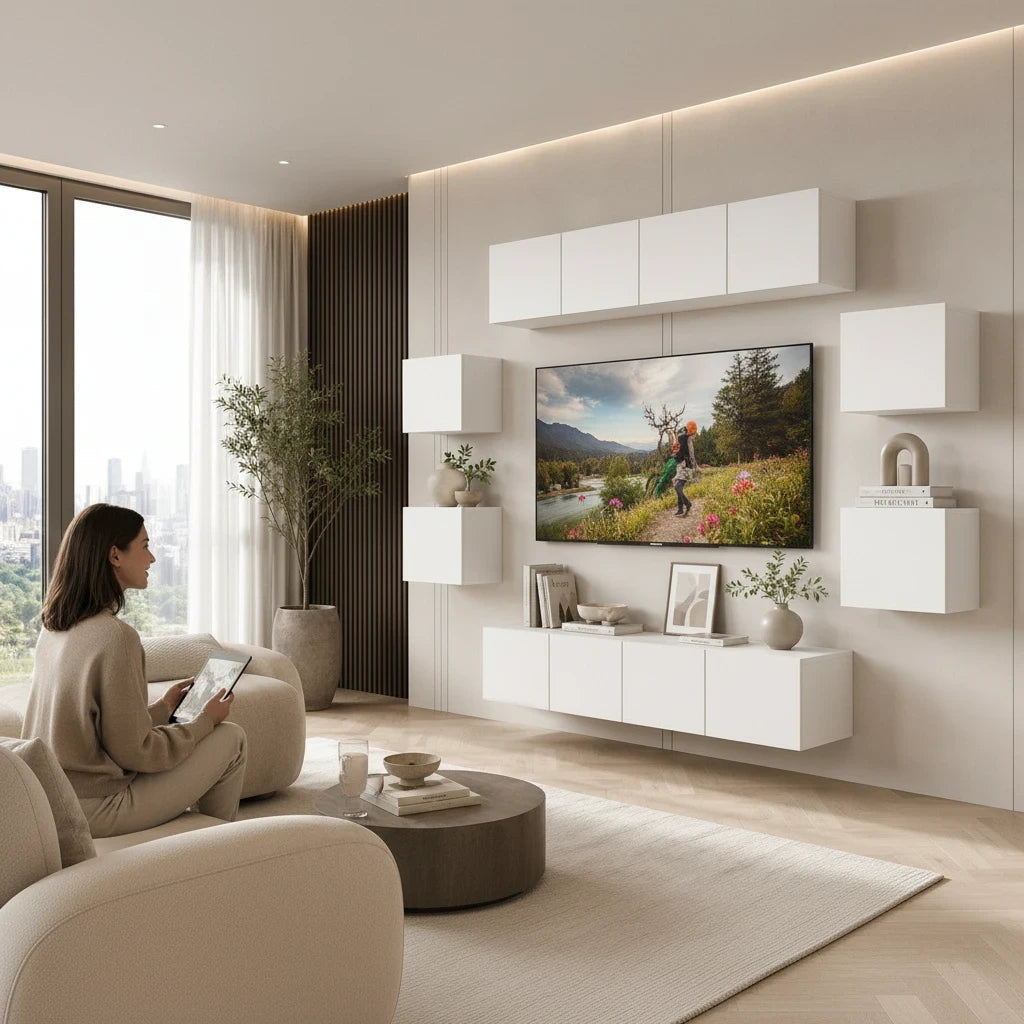 Ensemble Meuble TV Mural Blanc Suspendu – 8 Pièces