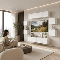 Ensemble Meuble TV Mural Blanc Suspendu – 8 Pièces