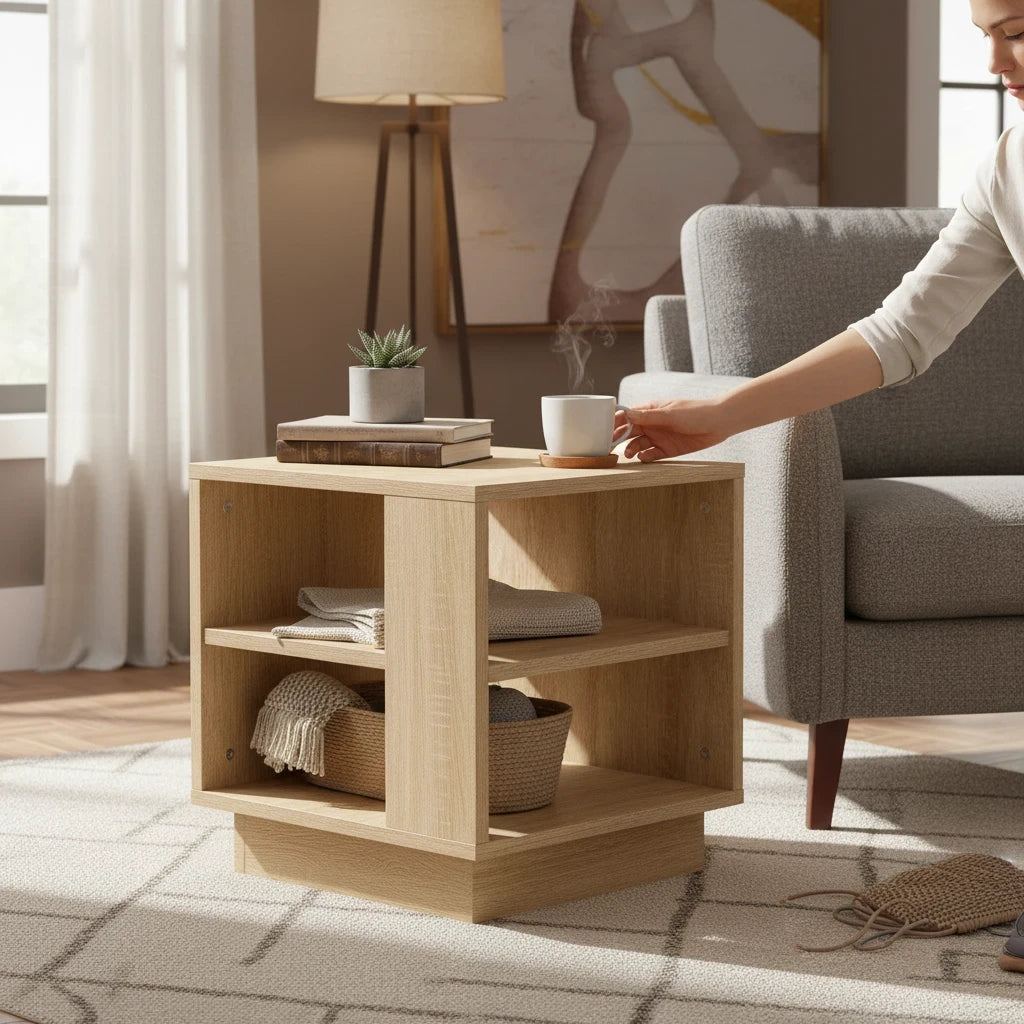 Table Basse Carrée Chêne Sonoma avec Étagères de Rangement
