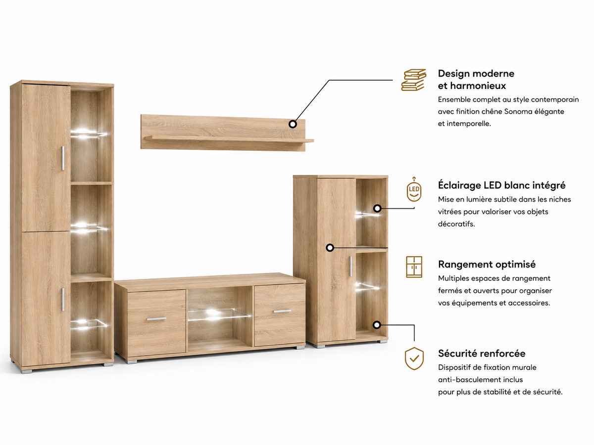 Ensemble Meuble TV Chêne Sonoma avec LED et Vitrine
