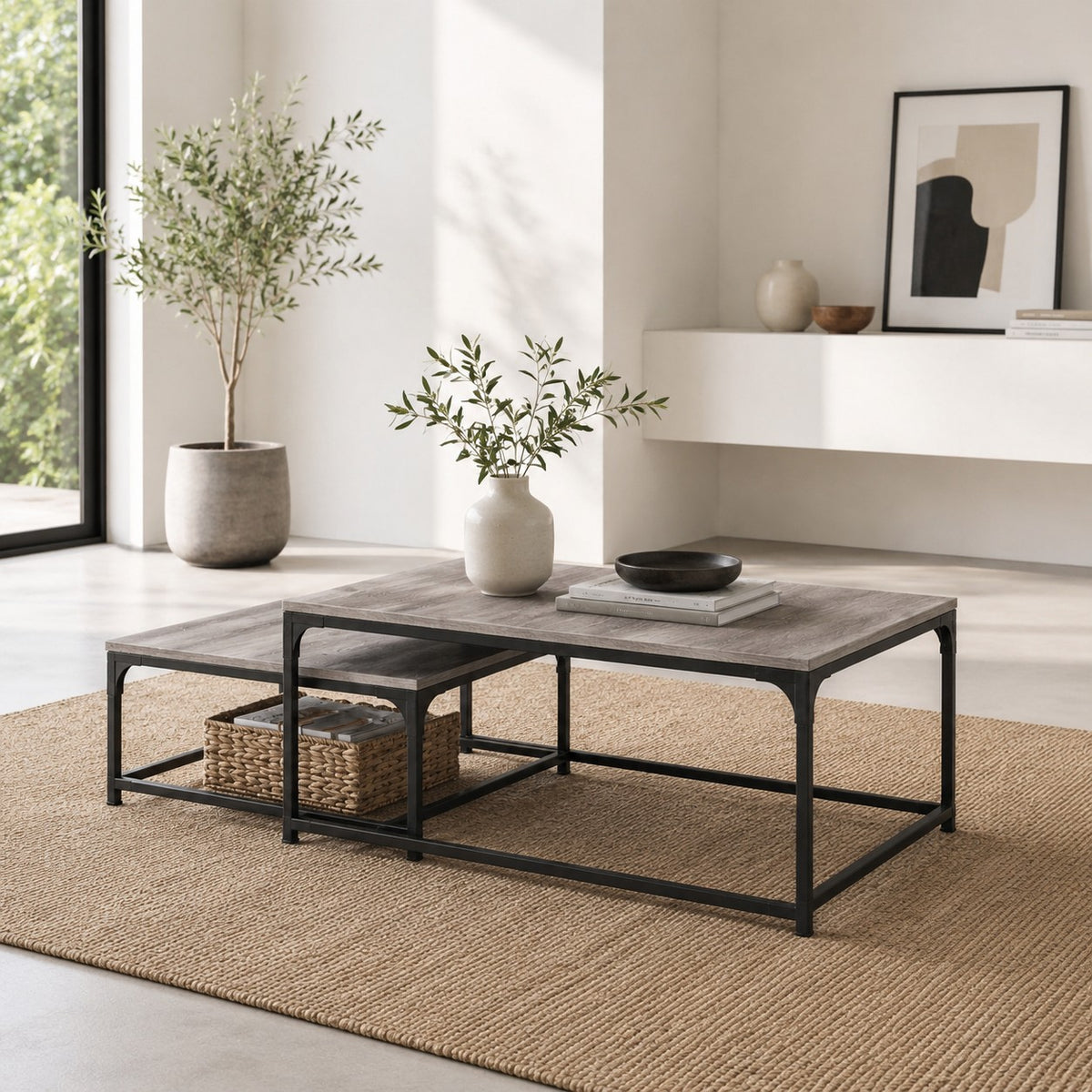 Table Basse Gigogne Carrée en Bois et Métal - Lot de 2