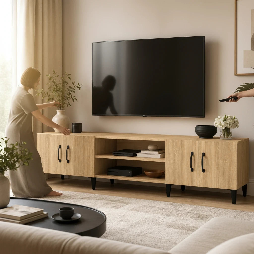 Meuble TV Scandinave Chêne Sonoma 4 Portes 180 cm