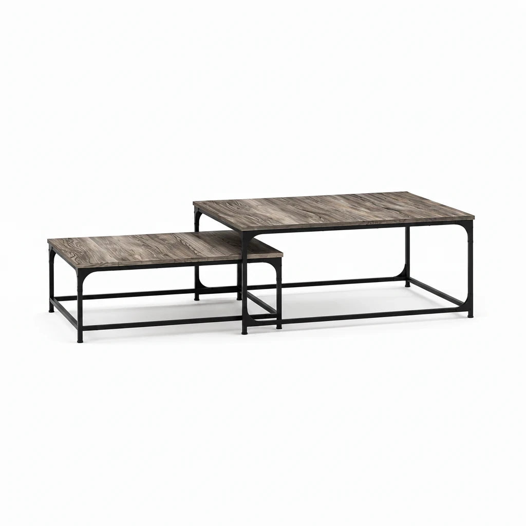 Table Basse Gigogne Carrée en Bois et Métal - Lot de 2