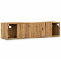 Meuble TV mural Loftora en bois naturel avec compartiments de rangement et design minimaliste suspendu