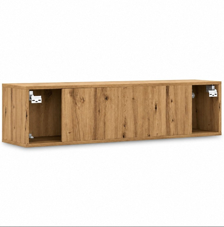 Meuble TV mural Loftora en bois naturel avec compartiments de rangement et design minimaliste suspendu
