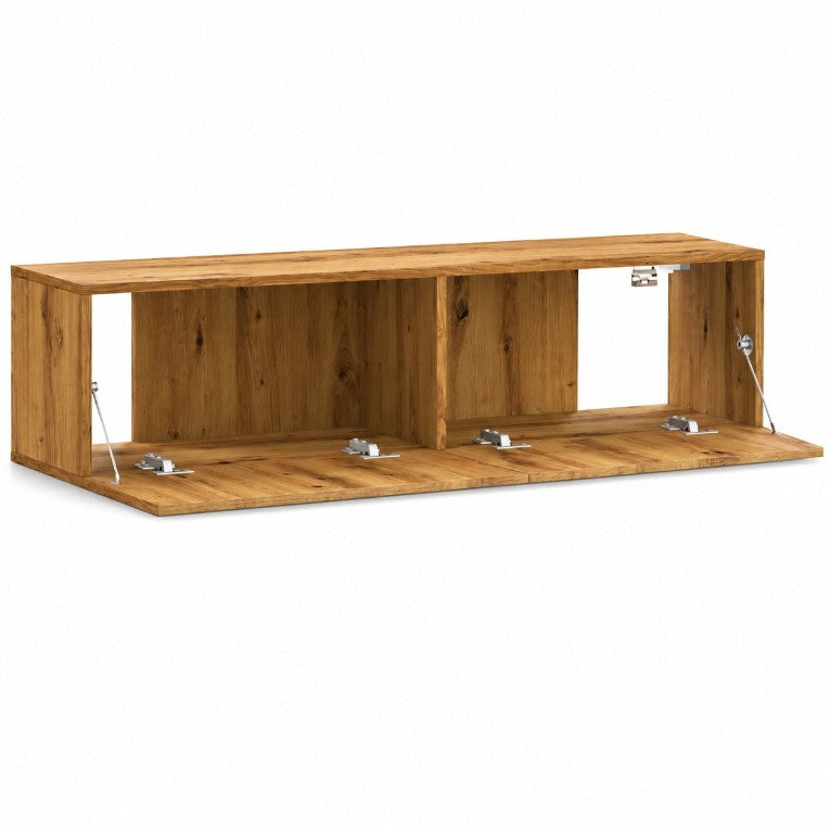 Meuble TV mural Loftora en bois naturel avec deux compartiments de rangement et portes abattantes modernes.