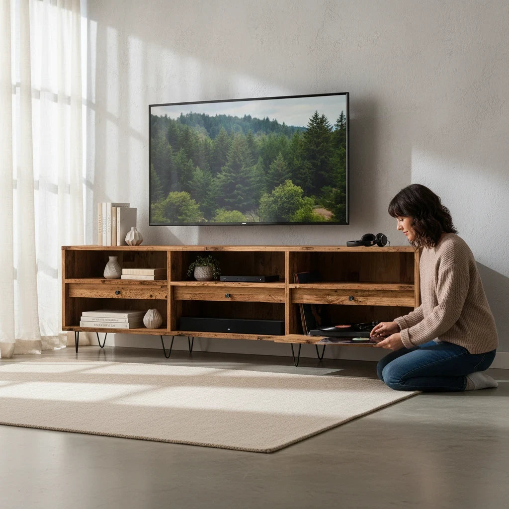Meuble TV en Bois Naturel avec Pieds Épingle en Métal