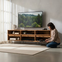 Meuble TV en Bois Naturel avec Pieds Épingle en Métal