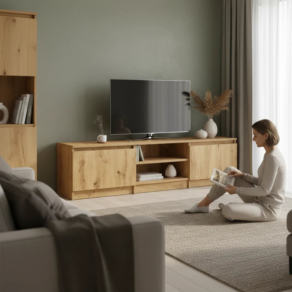 Meuble TV Effet Bois Naturel avec Niche et 2 Portes