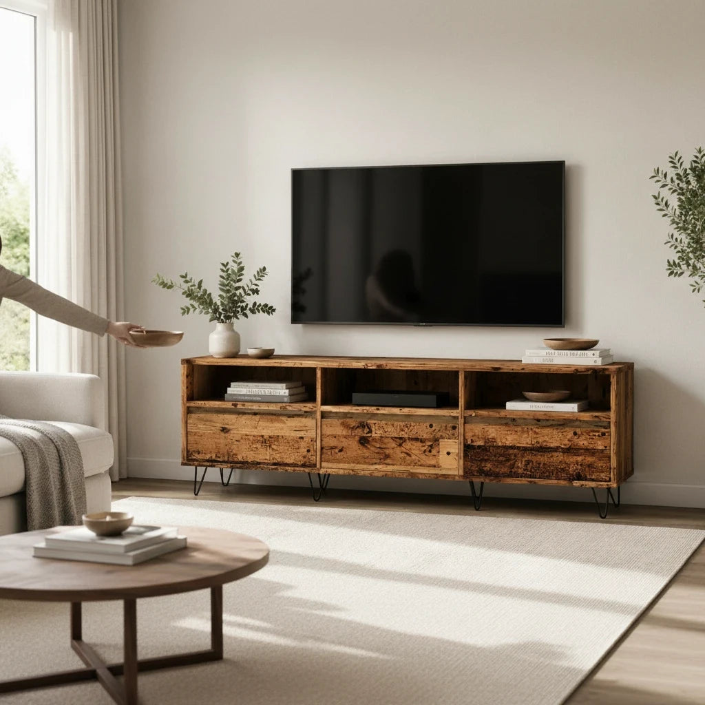 Meuble TV en Bois Naturel avec Pieds Épingle en Métal