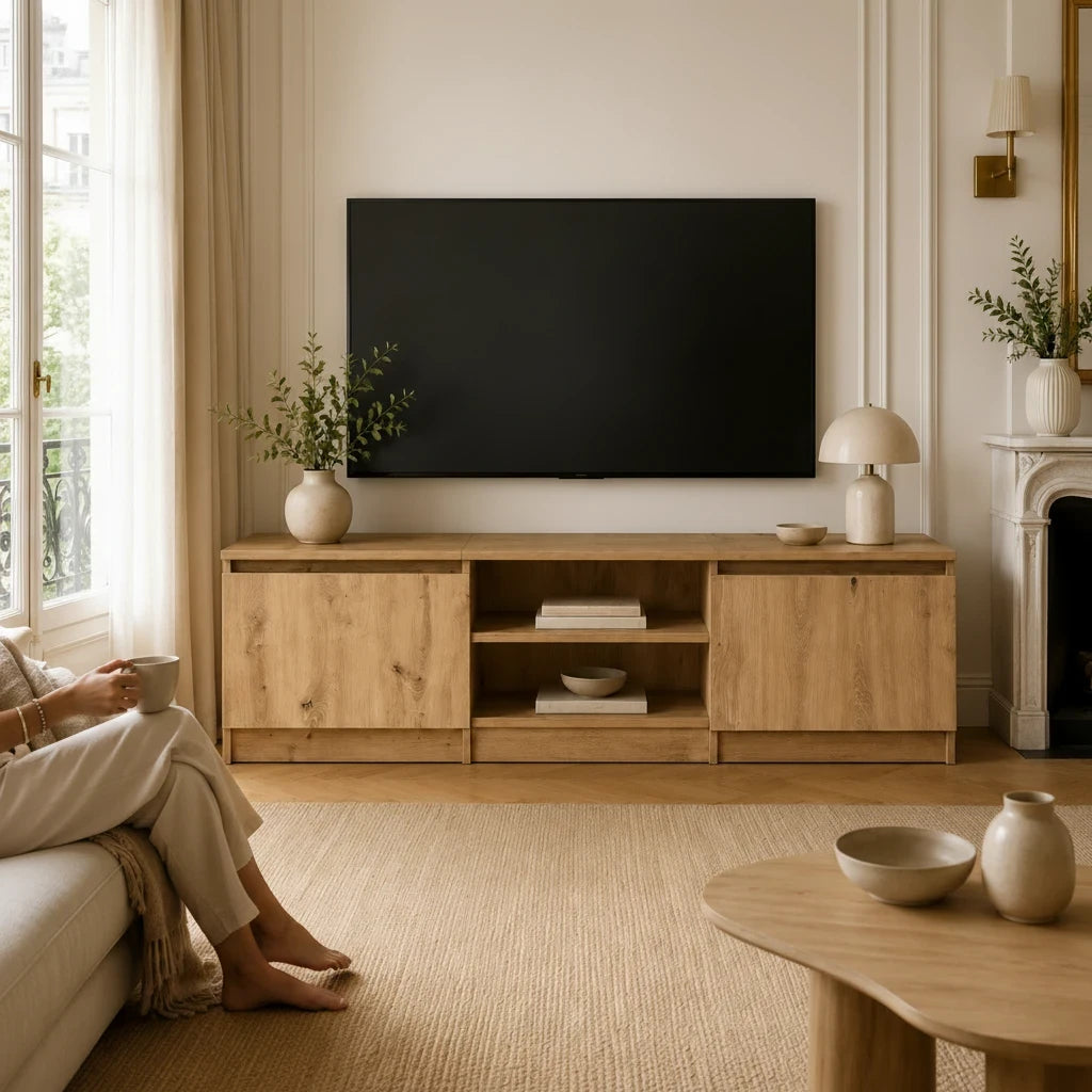 Meuble TV Effet Bois Naturel avec Niche et 2 Portes