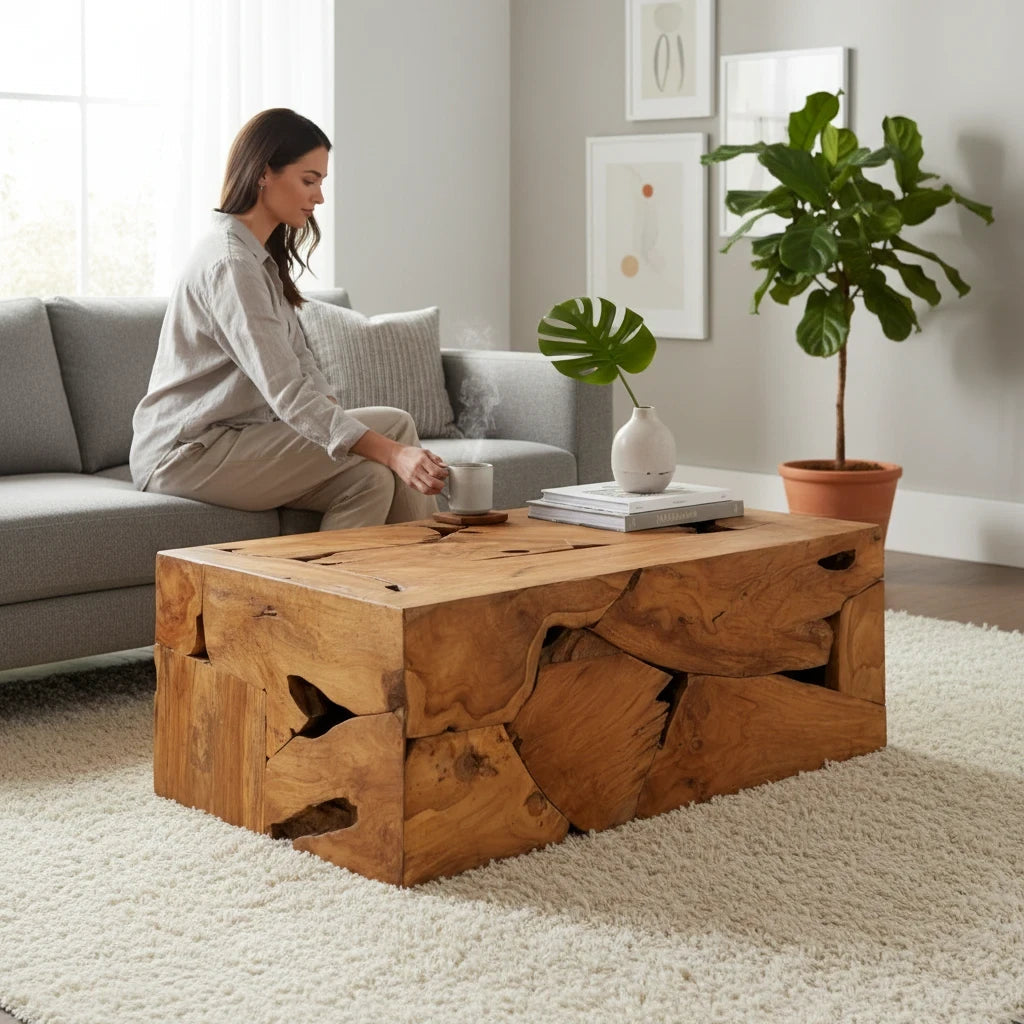 Table Basse Artisanale en Teck Massif Fait Main