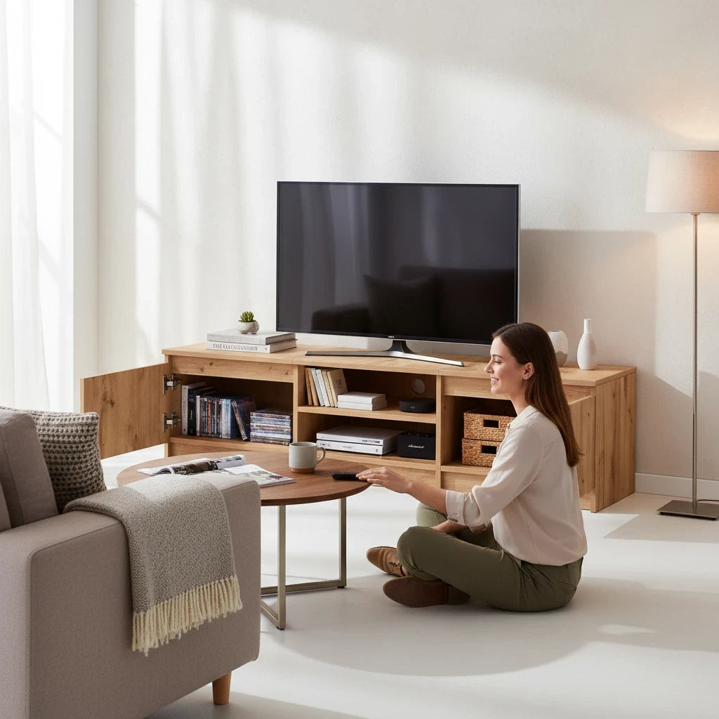Meuble TV Effet Bois Naturel avec Niche et 2 Portes