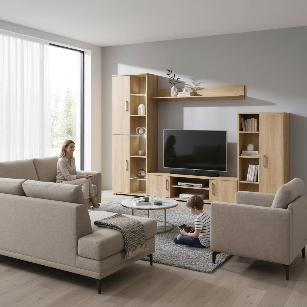 Ensemble Meuble TV Chêne Sonoma avec LED et Vitrine