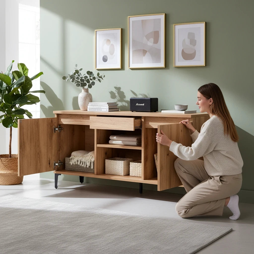 Meuble TV Contemporain Effet Bois et Pieds Noirs