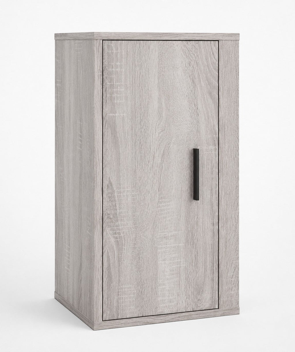 Colonne de rangement murale Loftora en chêne sonoma gris avec poignée noire minimaliste pour salon contemporain