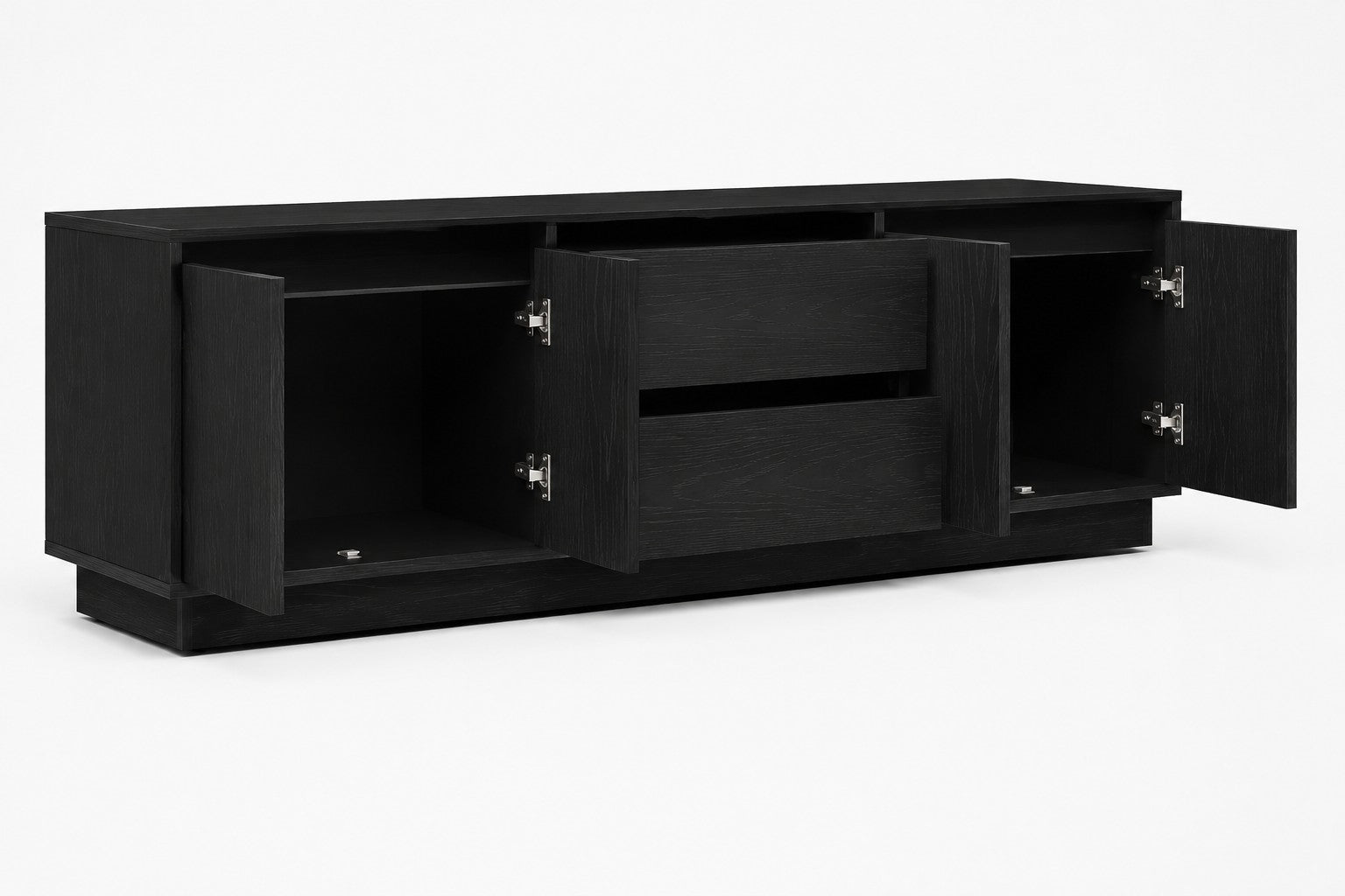 Meuble télévision Loftora noir moderne avec deux portes latérales ouvertes et deux tiroirs centraux sur fond blanc Image