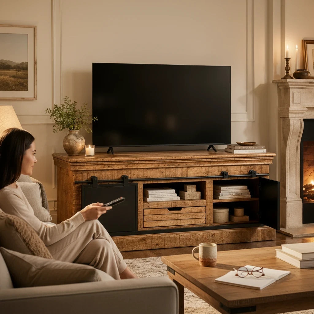 Meuble télévision rustique Loftora en bois naturel avec portes coulissantes noires et tiroir central dans un salon