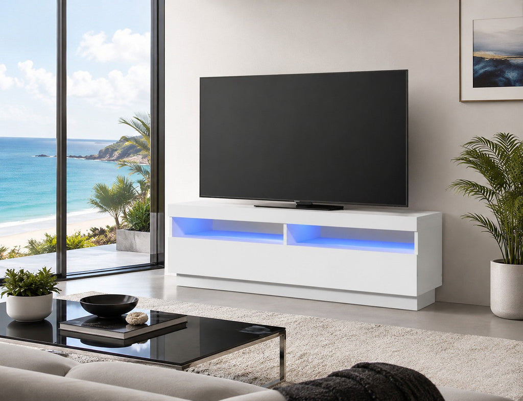 Meuble TV Loftora blanc moderne avec éclairage LED bleu intégré, niches de rangement et design minimaliste épuré.