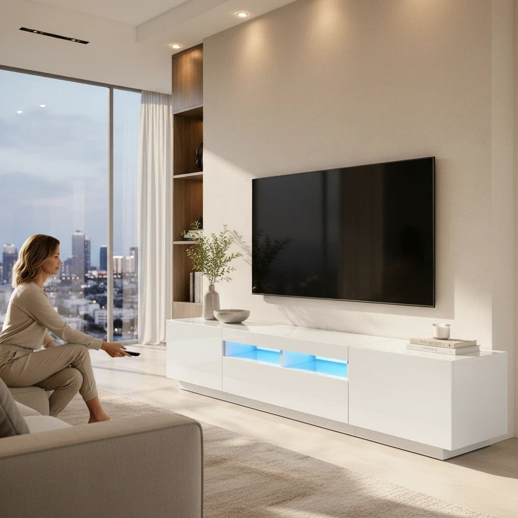 Meuble TV Loftora blanc moderne avec éclairage LED bleu dans un salon contemporain avec vue sur la ville