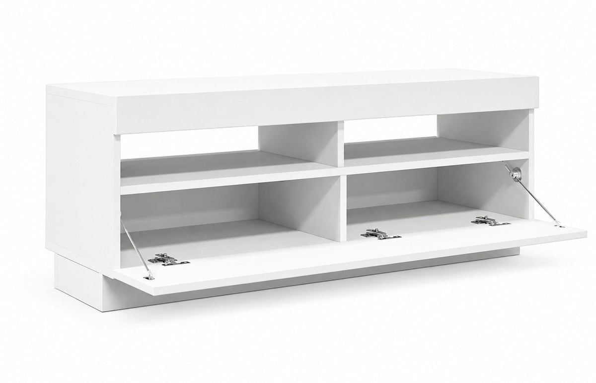 Meuble TV Loftora blanc moderne avec niches ouvertes et portes abattantes pour un rangement épuré et contemporain
