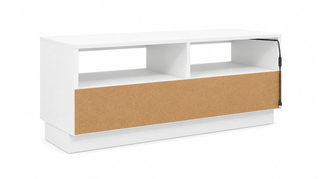 Meuble TV Loftora blanc moderne avec niches ouvertes et éclairage LED intégré pour salon contemporain