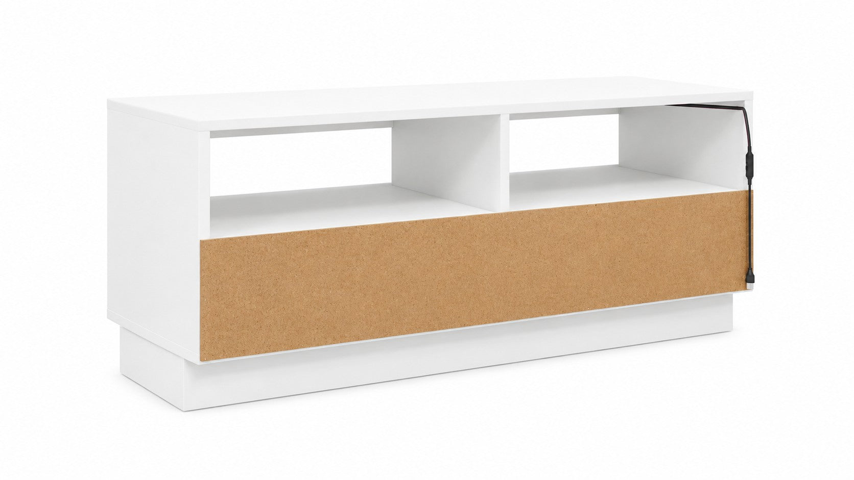 Meuble TV Loftora blanc moderne avec niches ouvertes et éclairage LED intégré pour salon contemporain