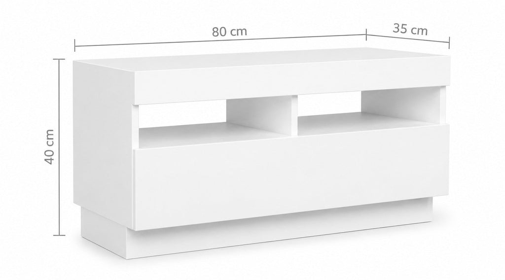 Meuble TV Loftora blanc moderne avec éclairage LED, design épuré et étagères de rangement, dimensions 80x35x40 cm