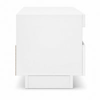 Vue latérale du meuble TV Loftora blanc moderne avec design minimaliste et structure épurée