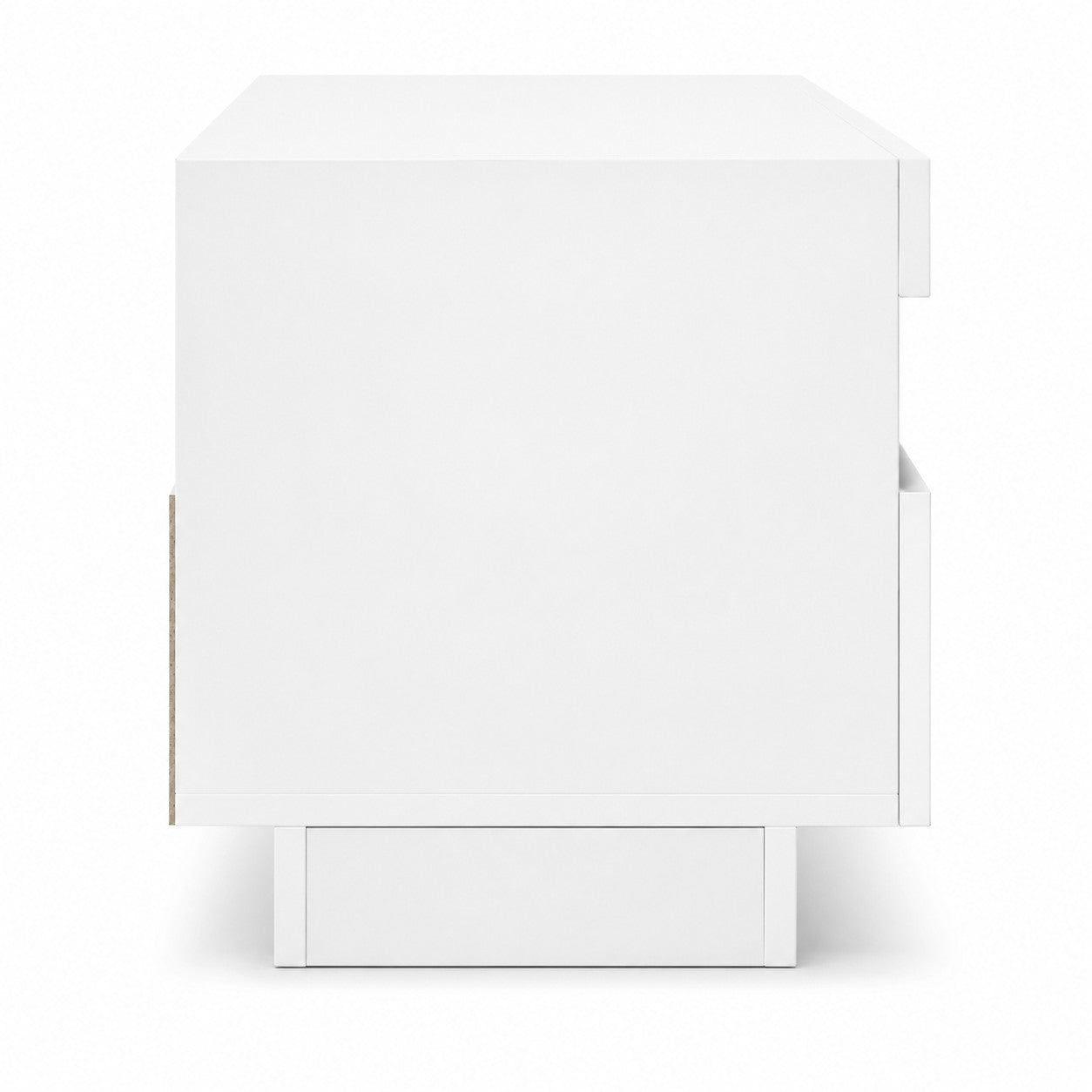 Vue latérale du meuble TV Loftora blanc moderne avec design minimaliste et structure épurée