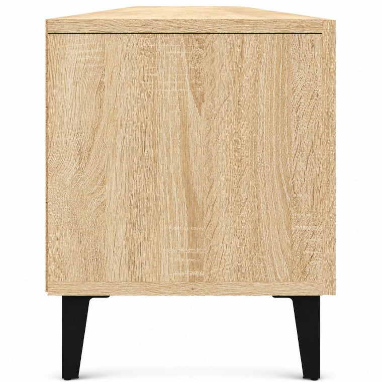 Vue latérale du meuble TV Loftora en bois clair avec pieds noirs, design scandinave moderne et épuré.