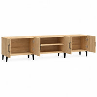 Meuble TV scandinave Loftora en bois clair avec placards ouverts et pieds noirs contrastants pour salon moderne