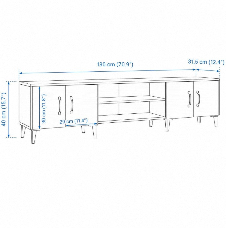 Schéma technique du meuble TV Loftora en bois clair avec dimensions, deux placards et deux niches centrales ouvertes.