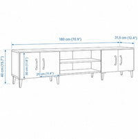 Schéma technique du meuble TV Loftora en bois clair avec dimensions, deux placards et deux niches centrales ouvertes.