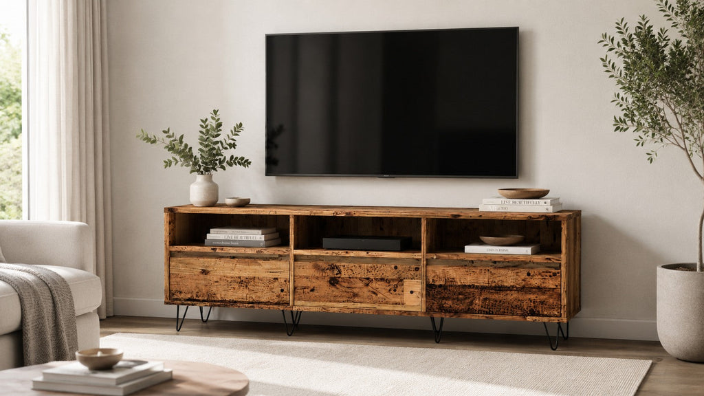 Meuble TV Loftora en bois naturel avec pieds en épingle et rangements, dans un salon au design épuré et chaleureux.